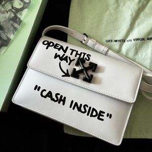 Off -White Jitney  "Cash Inside" Top-Handle Bag, White and black buckle